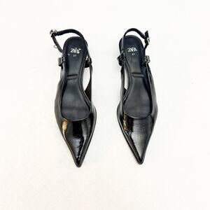 Zara Black Patent Leather Pointy Toe Kitten Heel Size 37 MINT